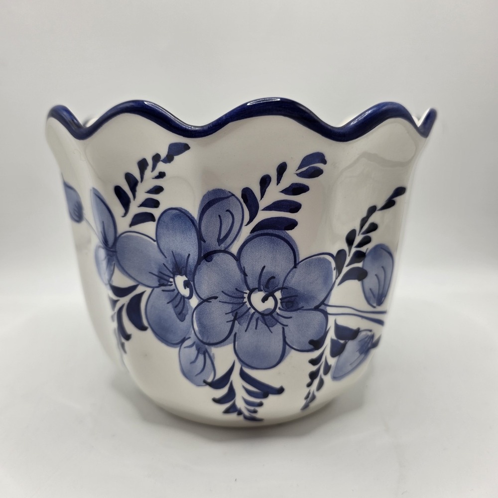 Planter Portugal Blue White Floral Scalloped Ceramic Cachepot Folk Art Decor